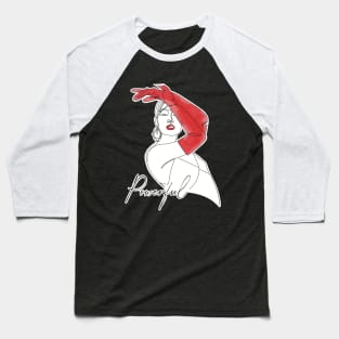 Fashion illustration of a woman with red gloves and the word powerful Baseball T-Shirt